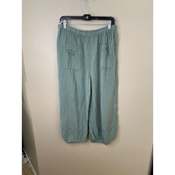 Meo Meli Women’s 100% Linen Pants Relaxed Fit Elastic Waist Green Cropped Pocket - Picture 1 of 7